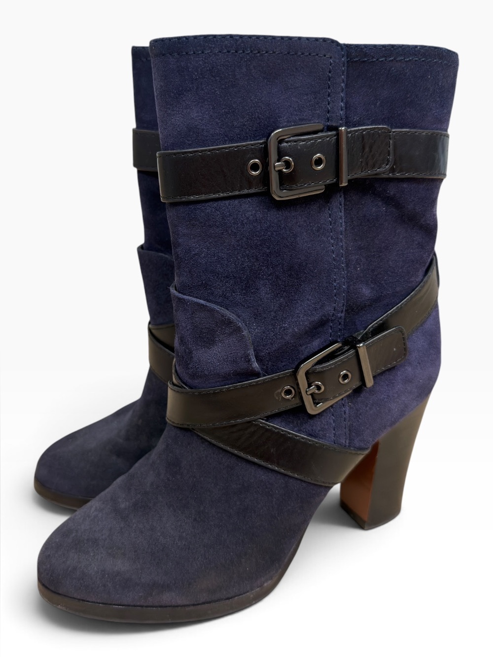 Pour La Victoire Rosen Navy Suede Black Leather Buckle Mid Calf Boots Size 7.5
